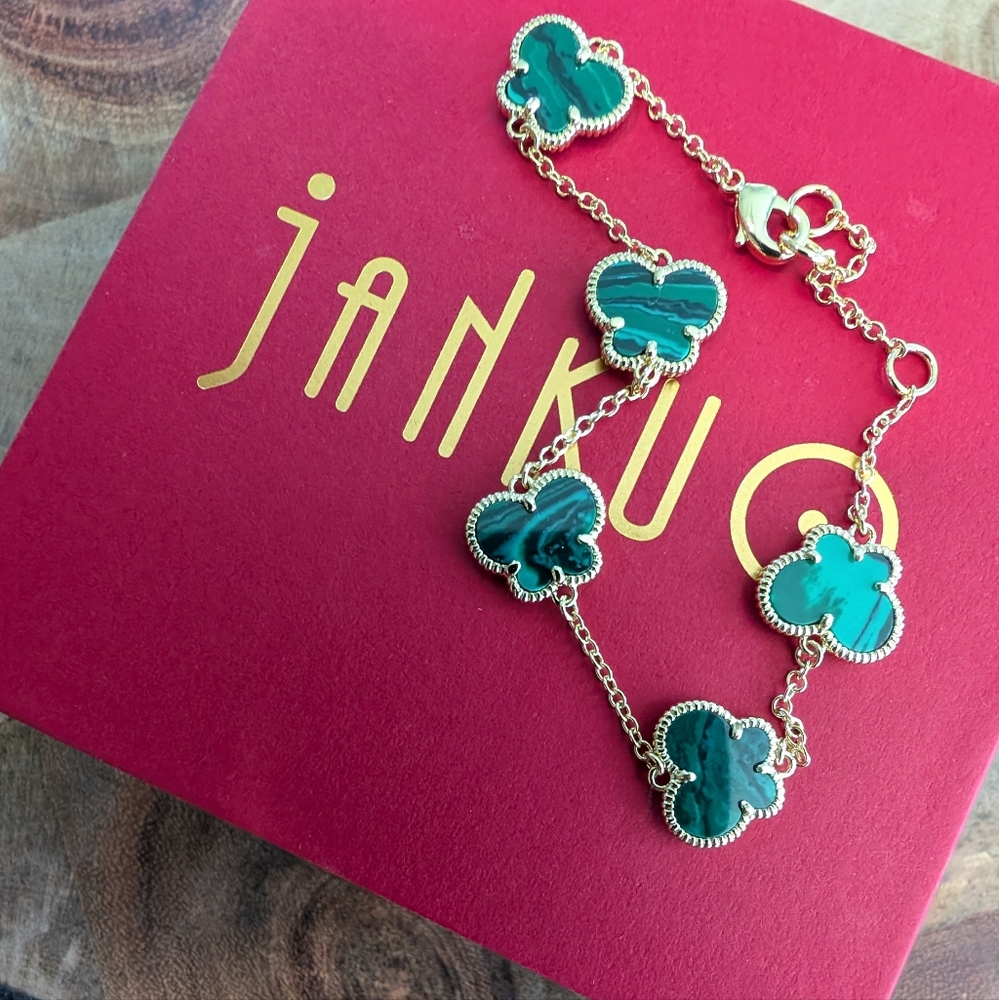 Jankuo Butterfly 14K Gold Plated & Synthetic Emerald Bracelet New in Box